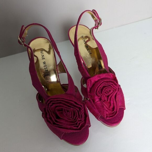 Nine West Fuchsia Silk Slingback Heels – Rosette Front, Size 5, 4” Stiletto - Picture 3 of 12